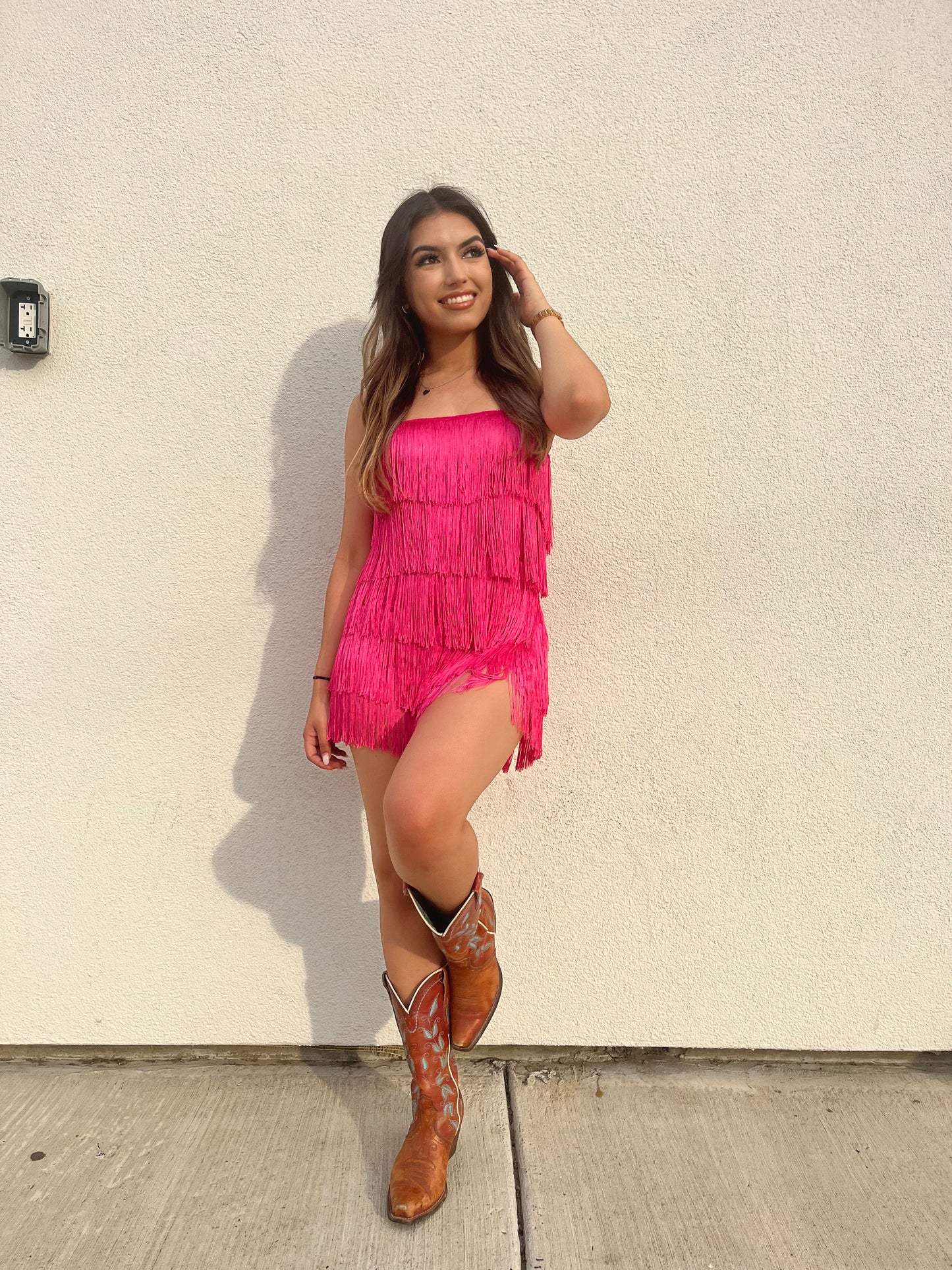 Cindy Fringe Romper - Hot Pink