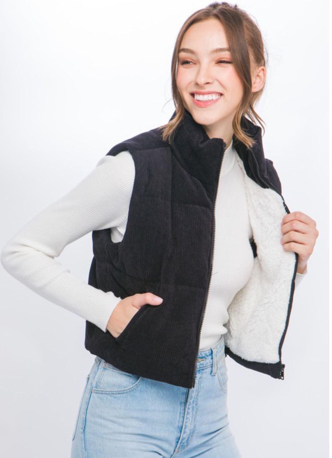 Avery Corduroy Puffer Vest - BLACK