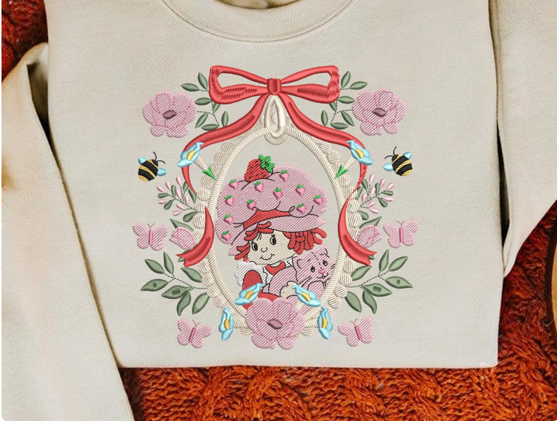 Strawberry Bow Embroidery Crewneck Sweater