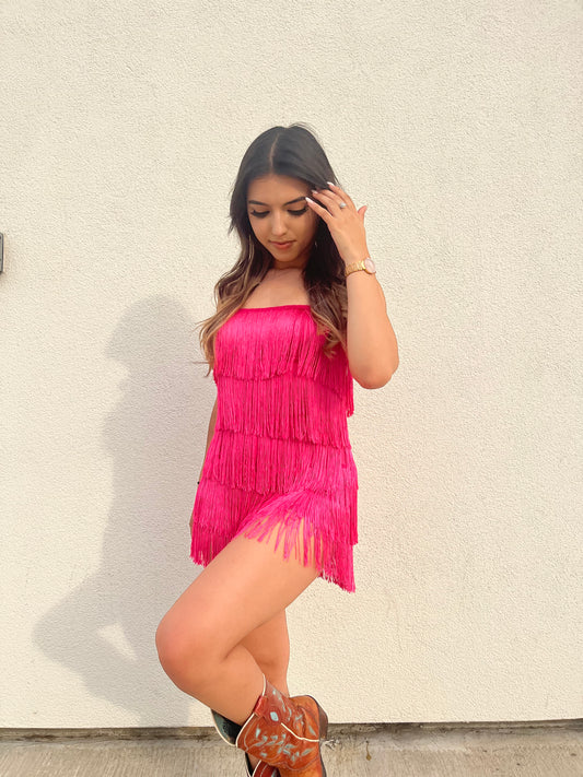 Cindy Fringe Romper - Hot Pink