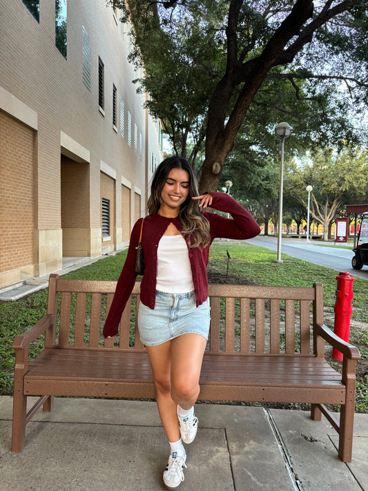Charlotte Button Down Long Sleeve Cardigan- Burgundy