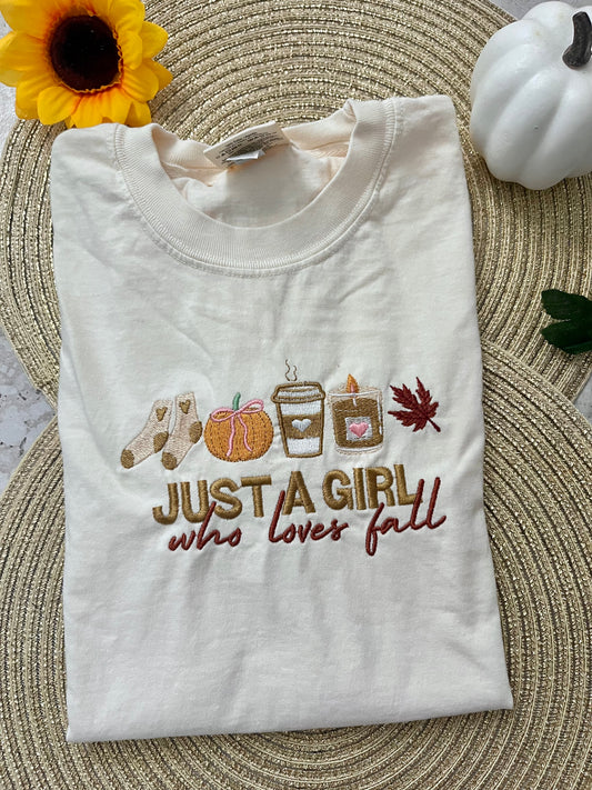 Just a Girl Who Loves Fall - Comfort Colors Embroidered Halloween T-Shirt