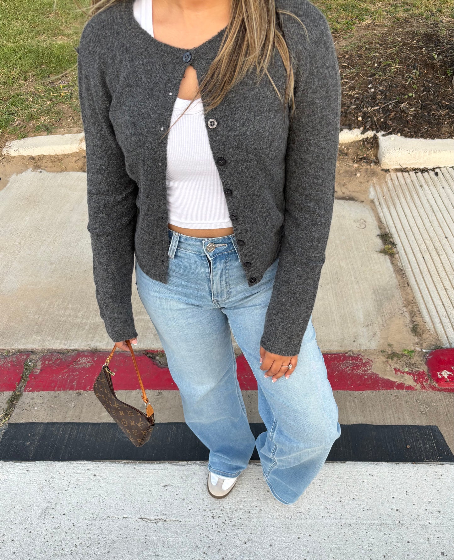 Charlotte Button Down Long Sleeve Cardigan- Charcoal