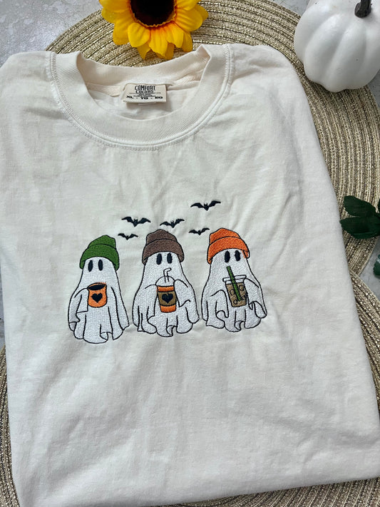 Ghost Comfort Colors Embroidered Halloween T-Shirt