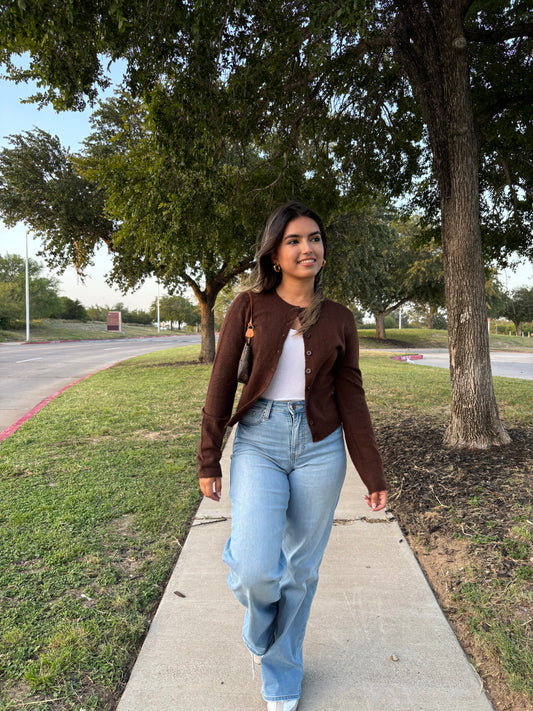 Charlotte Button Down Long Sleeve Cardigan- Chocolate