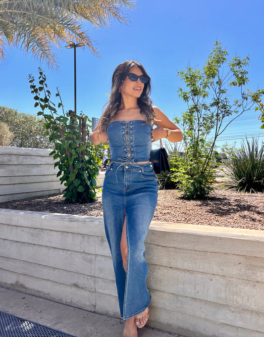 Priscilla Long Denim Slit Skirt