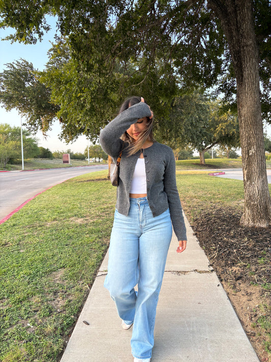 Charlotte Button Down Long Sleeve Cardigan- Charcoal