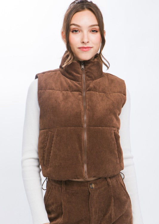Avery Corduroy Puffer Vest- Chocolate Brown